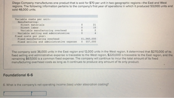 Diego Company manufactures one product that is sold for $70 per unit in two geographic regions-the East and West regions. The