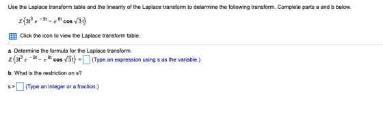 Use the Laplace transform table and the linearity of the Laplace transform to determine the following transform. Complete par