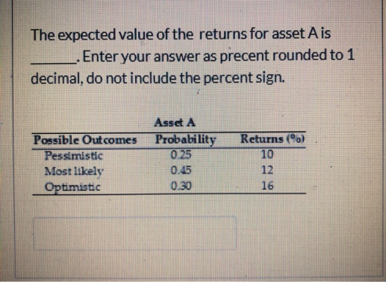 The expected value of the returns for asset A is Enter your answer as precent rounded to 1 decimal, do not include the percen
