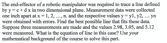 The end-effector of a robotic manipulator was required to trace a line defined by y=c+dx in two dimensional plane. Measuremen
