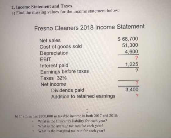 2. Income Statement and Taxes a) Find the missing values for the income statement below: Fresno Cleaners 2018 Income Statemen