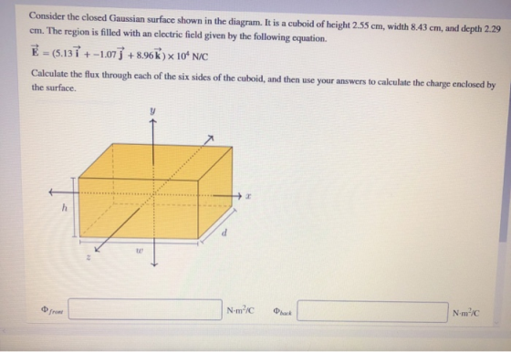 Consider the closed Gaussian surface shown in the diagram. It is a cuboid of height 2.55 cm, width 8.43 cm, and depth 2.29 cm