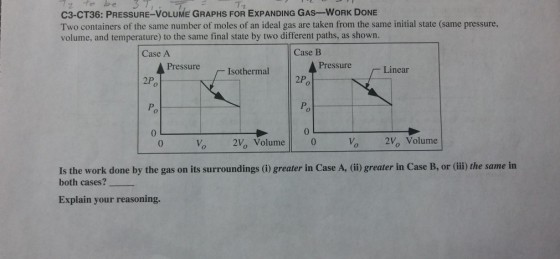 C3-CT36: PRESSURE-VOLUME GRAPHS FOR EXPANDING GAS-WORK DONE Two containers of the same number of moles of an ideal gas are taken from the same initial state (same pressure, volume, and temperature) to the same final state by two different paths, as showrn. Case A 2Po Po 0 Case B Pressure Pressure Isothermal Linear 2Po Po 2Vo Volume 2Vo Volume 0 0 Is the work done by the gas on its surroundings () greater in Case A, (ii) greater in Case B, or (ii) the same in both cases? Explain your reasoning.