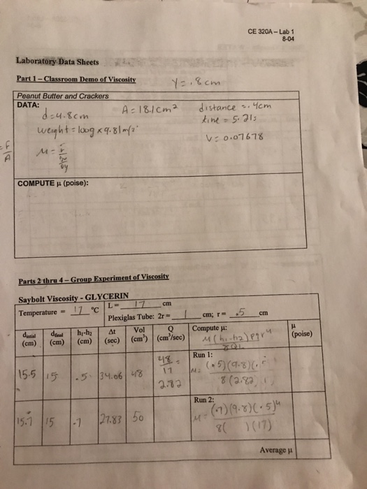 CE 320A - Lab 1 8-04 Laboratory Data Sheets Part 1 - Classroom Demo of Viscosity Y.8cm Peanut Butter and Crackers DATA: d=4.8
