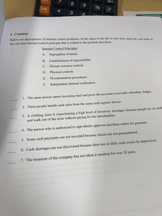 ON 4. (7 points) Below are descriptions of internal control problems. In the space to the left of each item, enter the code l