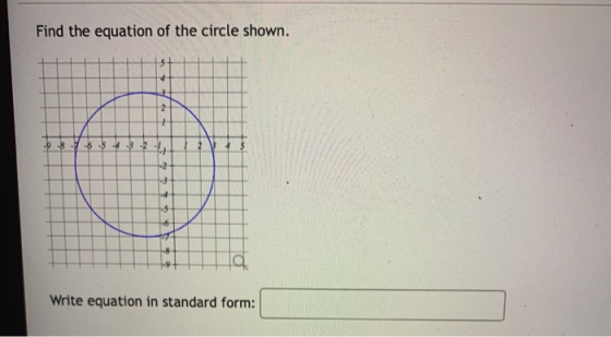 Find the equation of the circle shown. -9-8 -0 -4 16 la Write equation in standard form: