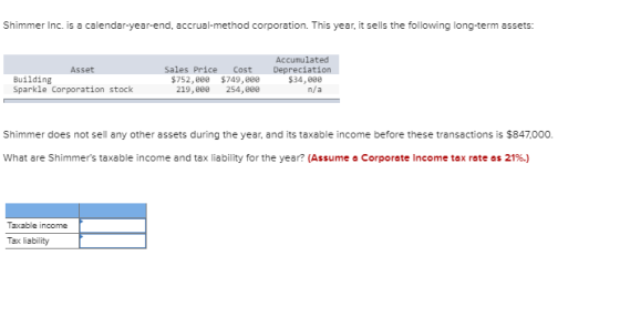 Shimmer Inc. is a calendar-year-end, accrual-method corporation. This year, it sells the following long-term assets: Asset Bu