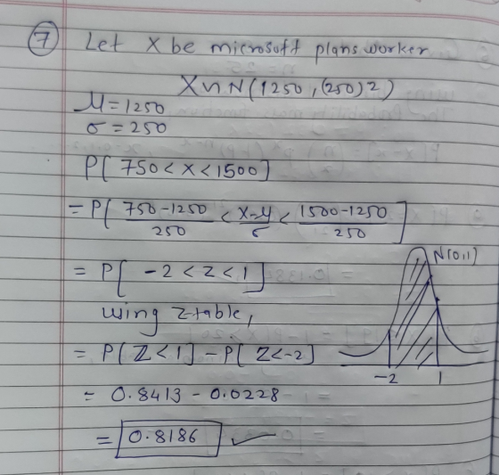 (7 Let X be microsoft plans worker XhN(1250, (250) 2) M=1250 o=250 P[ 750<x<1500) = P(750-1250 (X-Y 1500-1250 = Pl -2 <<<1231