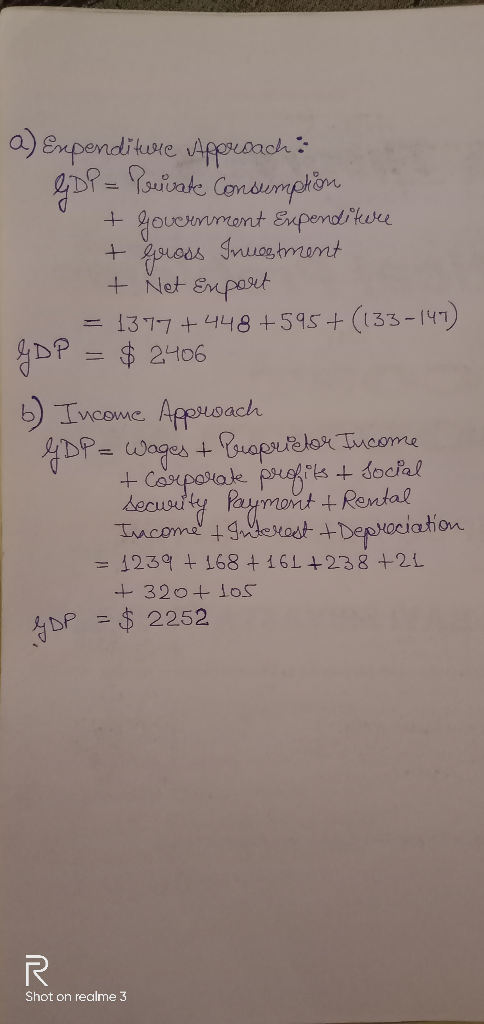 a) Expenditure porsach: GDP = Powiate consumption + government Expenditere + Gross Investment + Net Enport = 1377+448+595+ (1