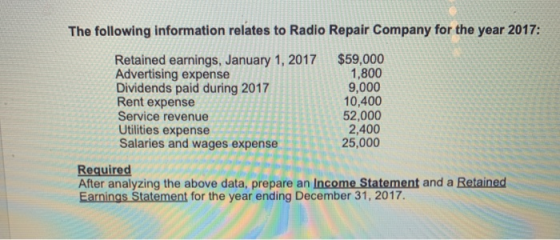 The following information relates to Radio Repair Company for the year 2017: Retained earnings, January 1, 2017 $59,000 Adver