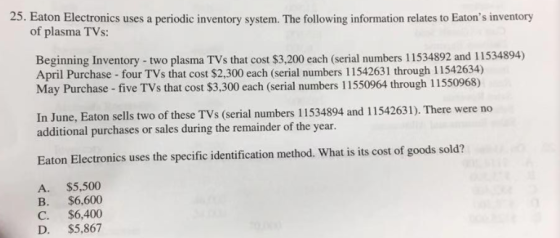 25. Eaton Electronics uses a periodic inventory system. The following information relates to Eatons inventory of plasma TVs: