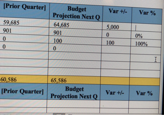 [Prior Quarter] Var +/- Var % Budget Projection Next Q 64,685 901 100 0 59,685 901 0 0 5,000 0 0% 100 100% I 60,586 [Prior Qu