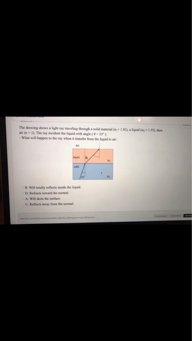 The drawing shows a light ray traveling through a solid material ( air in-l). The may incident the liquid with angle(-35 - Wh
