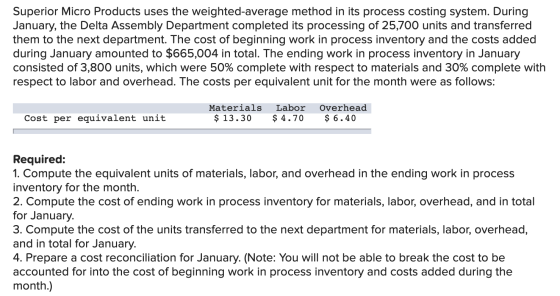 Superior Micro Products uses the weighted-average method in its process costing system. During January, the Delta Assembly De