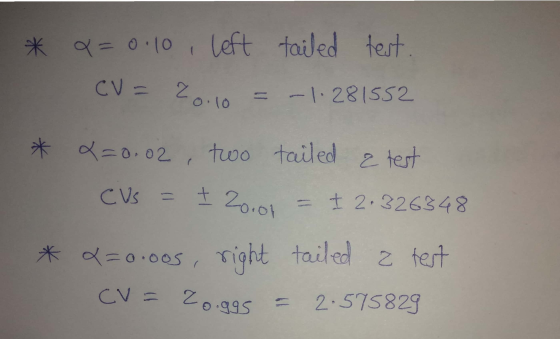 * - * = 0.10, left tailed test CV = 20.10 = -1.281552 x=0.02, two tailed a test CVs = I 2001 = 2 2.326348 2=0.00s, right tail