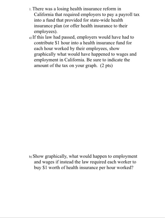 . There was a losing health insurance reform in California that required employers to pay a payroll tax into a fund that provided for state-wide health insurance plan (or offer health insurance to their employees) a) If this law had passed, employers would have had to contribute $1 hour into a health insurance fund for each hour worked by their employees, show graphically what would have happened to wages and employment in California. Be sure to indicate the amount of the tax on your graph. (2 pts) b) Show graphically, what would happen to employment and wages if instead the law required each worker to buy $1 worth of health insurance per hour worked?