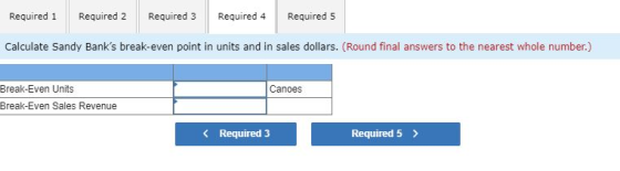 Required 1 Required 2 Required 3 Required 4 Required 5 Calculate Sandy Banks break-even point in units and in sales dollars.