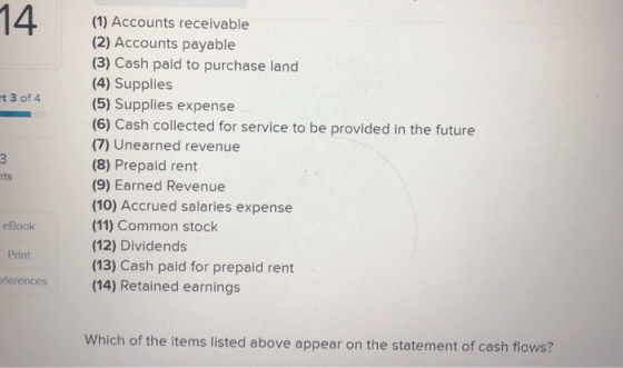 14 t 3 of 4 3 nts (1) Accounts receivable (2) Accounts payable (3) Cash paid to purchase land (4) Supplies (5) Supplies expen