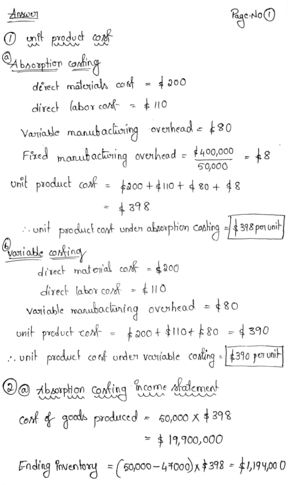 Answer Page No 0 0 unit product cool @Absorption conting direct materials coof - $200 direct labor cost $110 Variable manubac