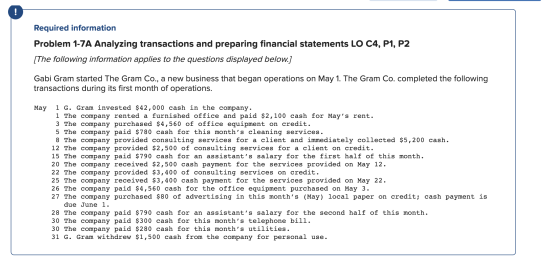 Required information Problem 1-7A Analyzing transactions and preparing financial statements LO C4, P1, P2 [The following info