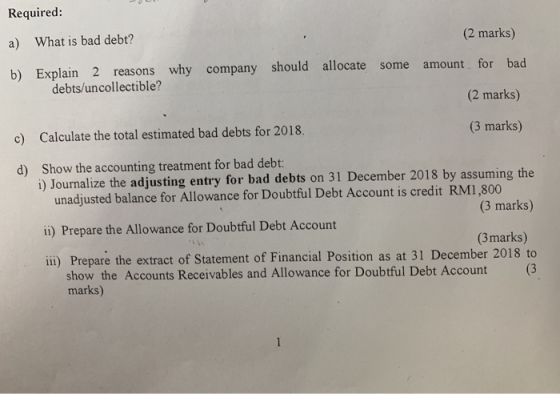 Required: a) What is bad debt? (2 marks) b) Explain 2 reasons why company should allocate some amount for bad debts/uncollect