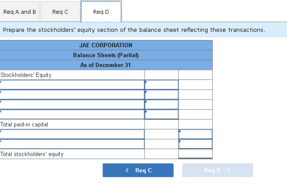 Req A and B ReqC Reg D Prepare the stockholders equity section of the balance sheet reflecting these transactions. JAE CORPO
