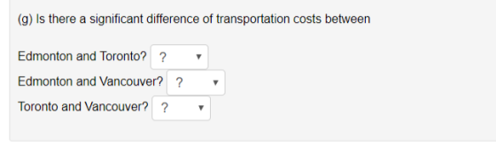 (g) Is there a significant difference of transportation costs between Edmonton and Toronto? ? Edmonton and Vancouver? ? Toron