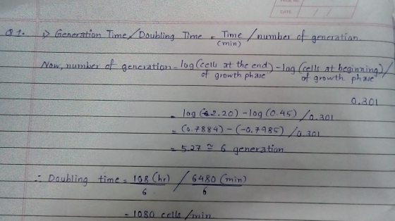 DATE Time nimher of gencratian 1 eneration Time Daubling Time tion loa Ccells at the end-Ina Gellt at beginning/ gowth ph aue