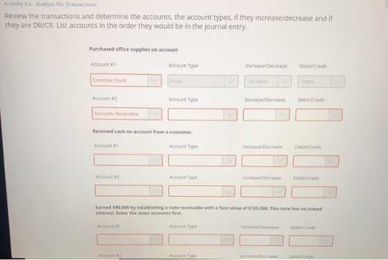 Activity 2.a - Analyze the Transactions Review the transactions and determine the accounts, the account types, if they increa