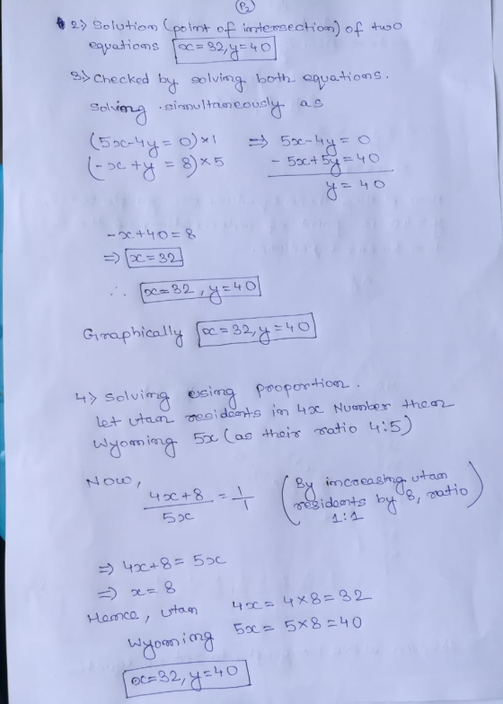 2) Solution (point of intersection of two equations soc=32, y=40] 3.) Checked by solving both equations. Solving simultaneous