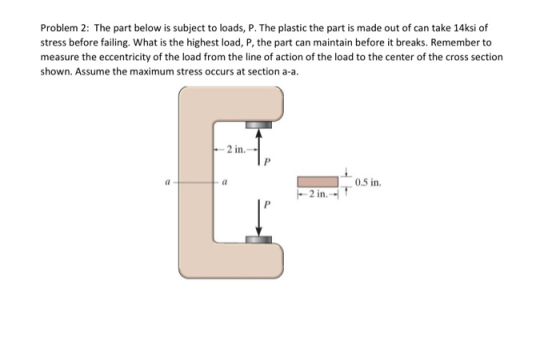 Problem 2: The part below is subject to loads, P. The plastic the part is made out of can take 14ksi of stress before failing