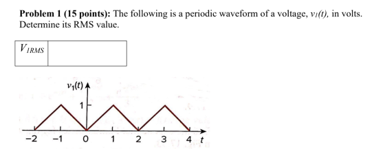 Problem 1 (15 points): The following is a periodic waveform of a voltage, vi(t), in volts. Determine its RMS value. Virms vil