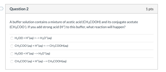 Question 2 1 pts A buffer solution contains a mixture of acetic acid (CH3COOH) and its conjugate acetate (CH3C005). If you ad