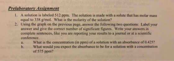 Prelaboratory Assignment 1. A solution is labeled 512 ppm. The solution is made with a solute that has molar mass equal to 33