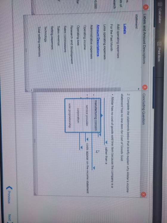 5 Calculator Print Item loha Labels and Amount Descriptions Concluding Question statement S. ts of earch Labels Add operating