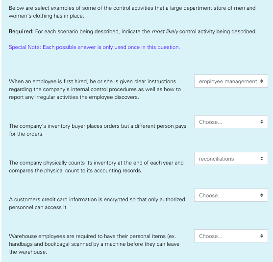 Below are select examples of some of the control activities that a large department store of men and womens clothing has in