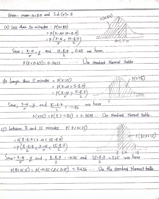 (Dlessthen to minutes P(x<10 : 10-8チー0.6 We ye. 2 Lom min 5-8 구 요구 me haye an standasd Naal talb andS mi S-8 2 2 S-8 2