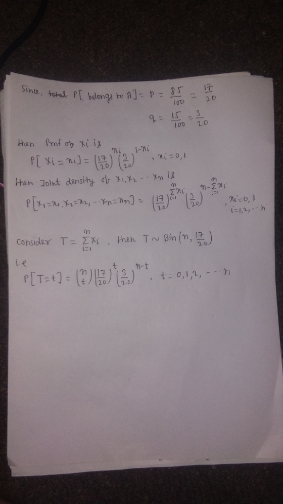 Since, total p[ belongs ro A1- p- loo -p 20 lOD 20 Consider, T-5% Hen T~ Bin(n,13.) , 2.0 に! ㄉ-t ว่า)11312 t2 20