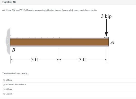 Question 18 A6 ft long A36 steel W12x14 carries a concentrated load as shown. Assume all stresses remain linear elastic. 3 ki