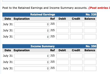 Post to the Retained Earnings and Income Summary accounts. (Post entries i No. 320 Balance Credit Retained Earnings Date Expl