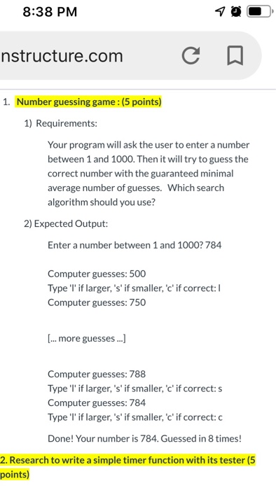 8:38 PM 100 nstructure.com 1. Number guessing game : (5 points) 1) Requirements: Your program will ask the user to enter a nu