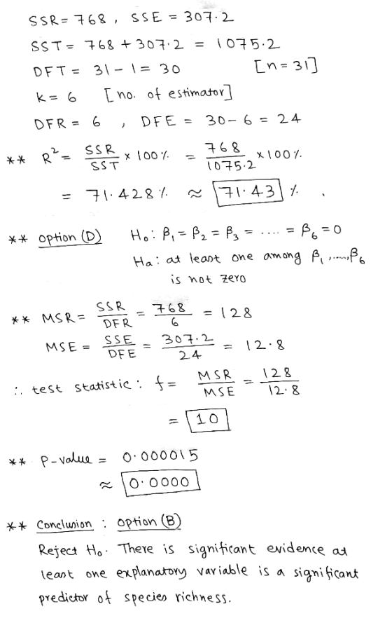 SSE = 307. 2 SSR= 768 , SST= 768 307.2 075.2 En= 31] DFT = 3| - { = 30 [no. of estimator] k 6 DFE= 30- 6=24 OFR = 6 89 t 075.