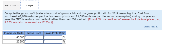Req 1 and 2 Req 4 Compute the gross profit (sales minus cost of goods sold) and the gross profit ratio for 2019 assuming that Cast Iron purchased 45,000 units (as per the first assumption) and 23,500 units (as per the second assumption) during the year and uses the FIFO inventory cost method rather than the LIFO method. (Round Gross profit ratio answer to 1 decimal place (i.e., 0.123 needs to be entered as 12.3%.)) Show less Purchased Units Gross Profit Gross Profit Ratio 45,000 23,500