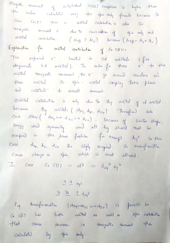 Magridie moment & octahedral colo) complexes i ligher than the value calculated uling the spin only formule became in Care Co