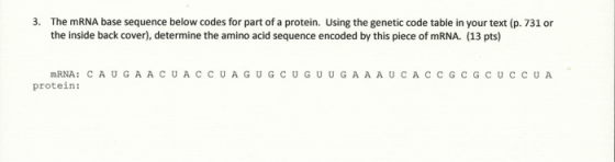 3. The mRNA base sequence below codes for part of a protein. Using the genetic code table in your text (p. 731 or the inside
