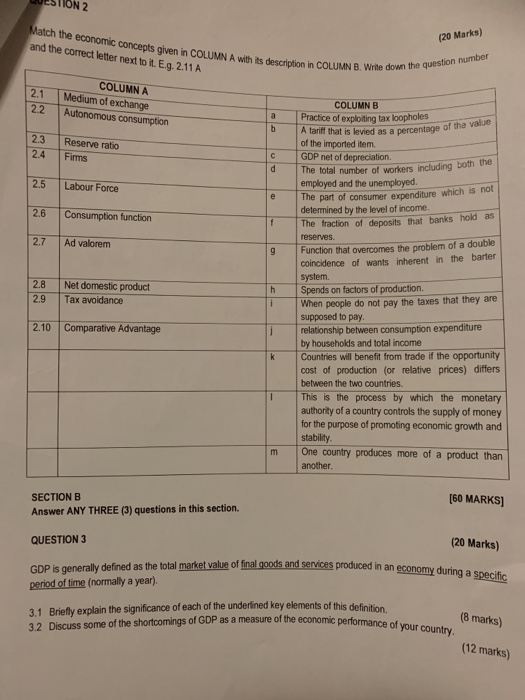 QUESTION 2 Match the economic concepts given in COLUMN A with its descr and the correct letter next to it. E.9.2.11A (20 Mark