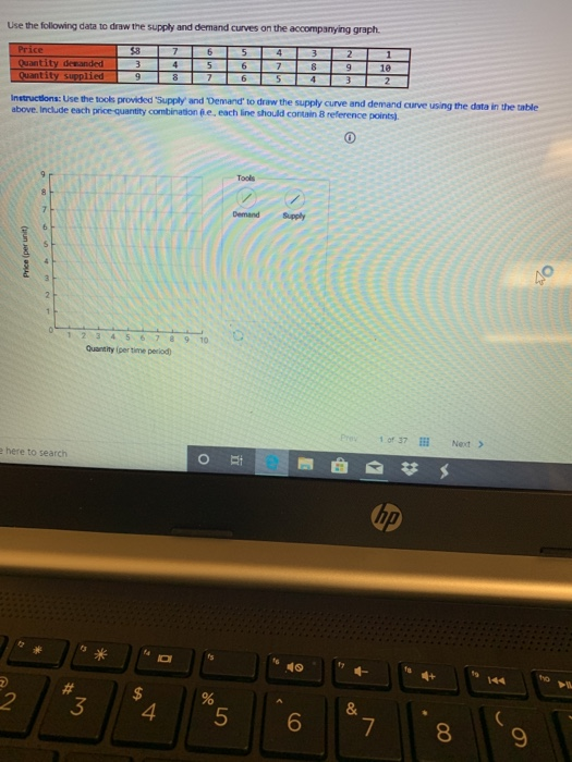 Use the following data to draw the supply and demand curves on the accompanying graph. Price $8 Quantity denanded Quantity su