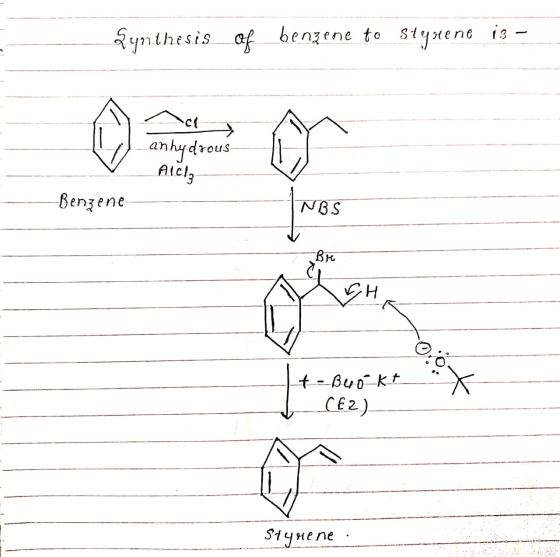 Qynthesis of benzene to stguene iz – - ce anhydrous AlCl₃ Benzene INBS . - Buokt CE2) Styrene :
