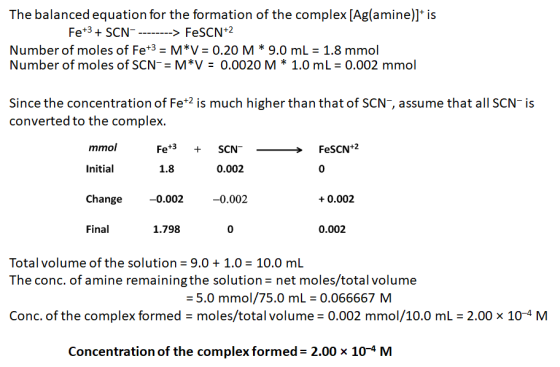 The balanced equation for the formation of the complex [Ag(amine)]* is Fe+3 + SCN---------> FeSCN+2 Number of moles of Fe+3 =