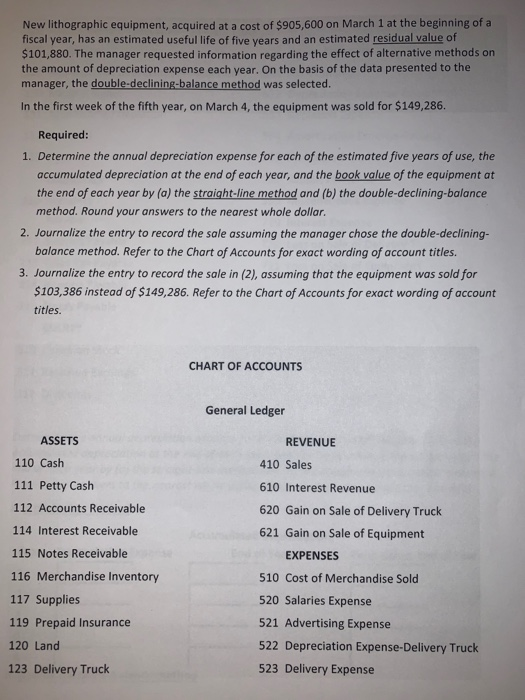 New lithographic equipment, acquired at a cost of $905,600 on March 1 at the beginning of a fiscal year, has an estimated use